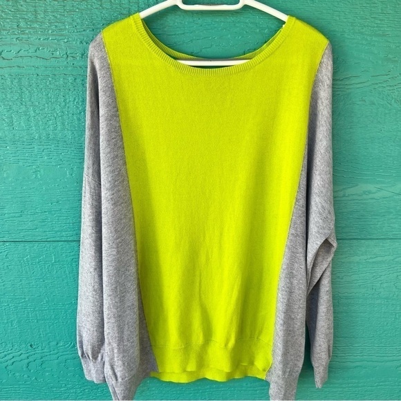 CLEARANCE CASHMERE COLORBLOCK PULLOVER SWEATER GRAY CHARTREUSE GREEN LARGE EUC - Picture 1 of 6